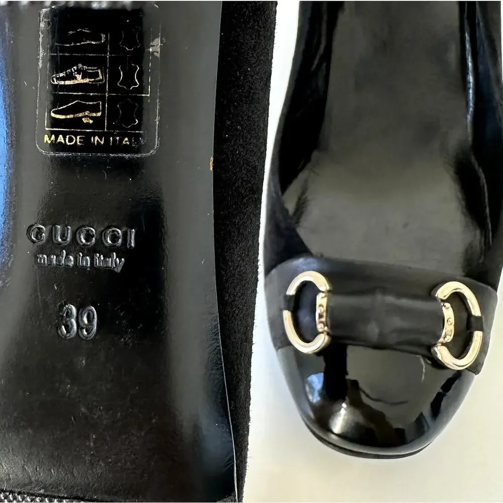 Gucci Classic Black Suede Pumps Bamboo Horsebit Cap Toe IT 39